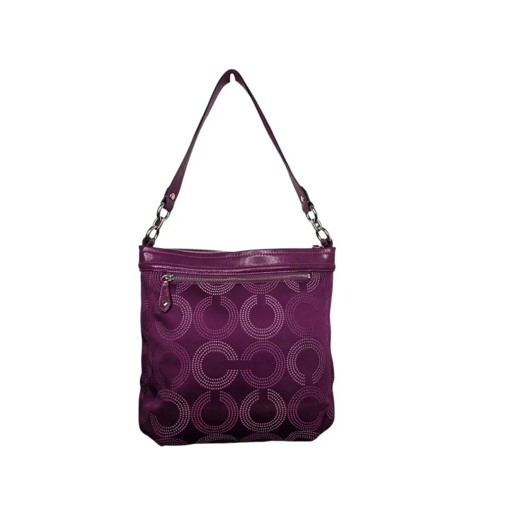Coach Ashley Dotted Op Art Hippie Shoulder Bag Purple Signature Canvas Leather